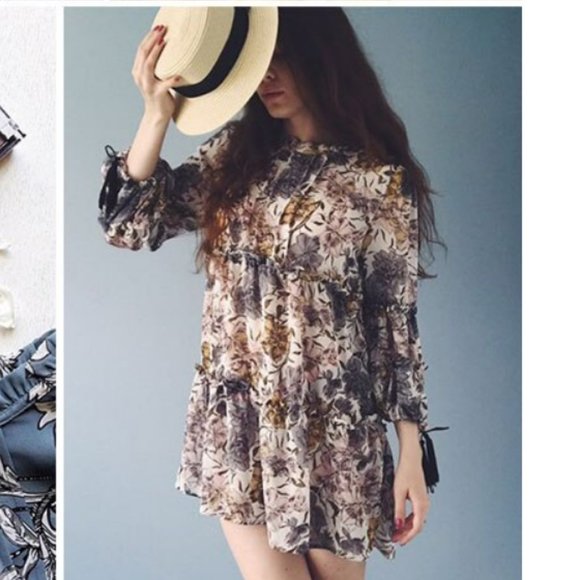 Boho Floral Print Tassel Long Sleeves Chiffon Dress - Picture 3 of 9